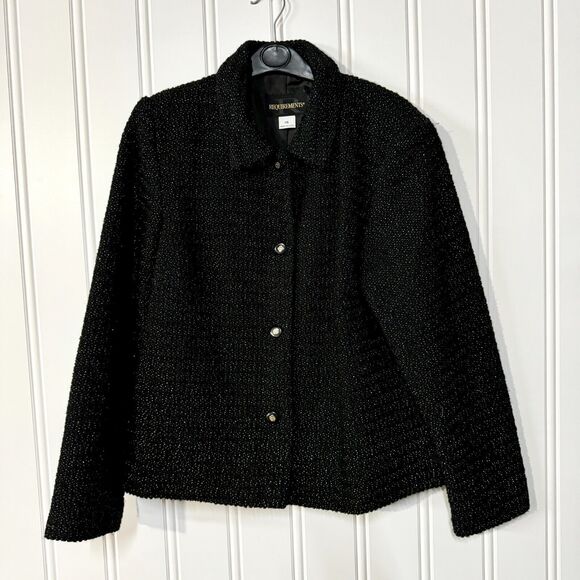 REQUIRMENTS Jacket Women Size 16 Black Woven Tweed Button Down Collared Acrylic - Picture 1 of 6